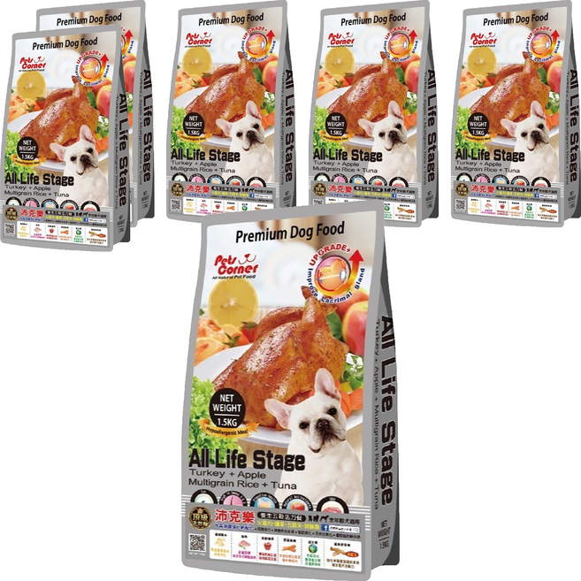 Pets Corner 沛克樂 全齡犬大顆粒乾糧, 1.5kg, 6袋, 火雞肉 + 蘋果 + 五穀米 + 鮮鮪魚