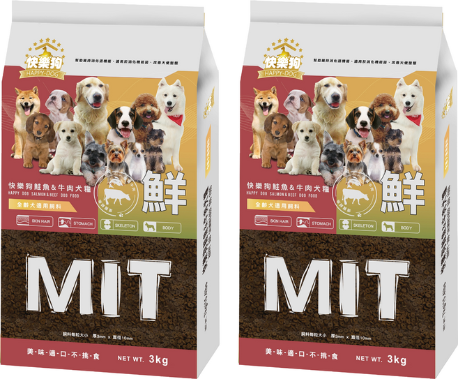 HAPPY-DOG 快樂狗 全齡犬 鮭魚&牛肉犬糧狗飼料, 3kg, 2個, 牛肉+鮭魚