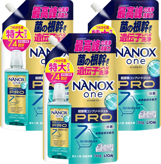 LION 獅王 NANOX one PRO超濃縮抗菌洗衣精 補充包 加強去漬, 740g, 3包