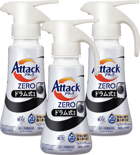 Attack ZERO 噴槍型濃縮洗衣精 滾筒洗衣機專用, 380g, 3個