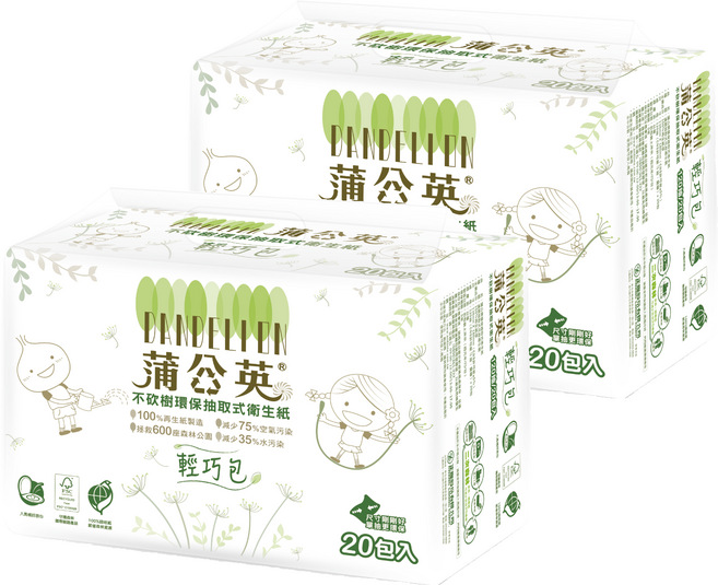 蒲公英 環保抽取式衛生紙輕巧包 120抽, 20包, 2袋