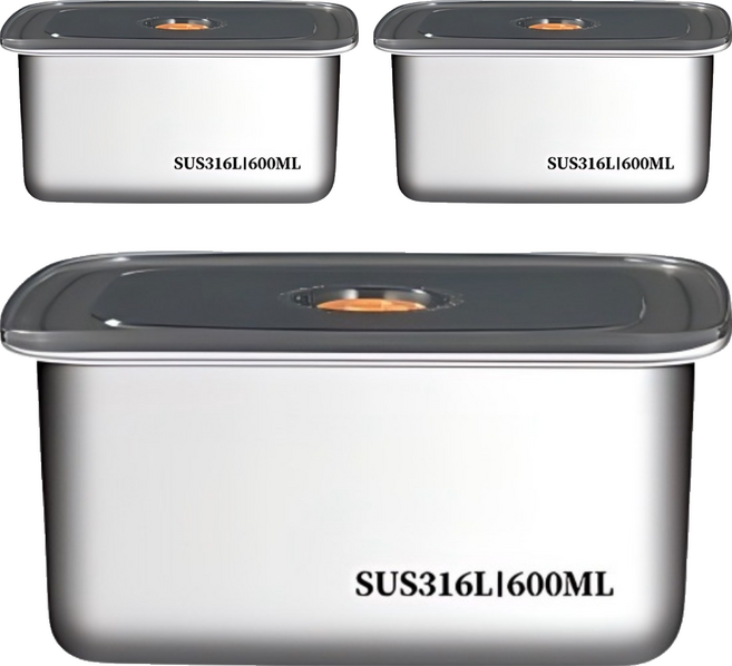 Couselect 316不鏽鋼保鮮盒/微真空密封加厚冰箱收納盒 600ml, 3個, 單品