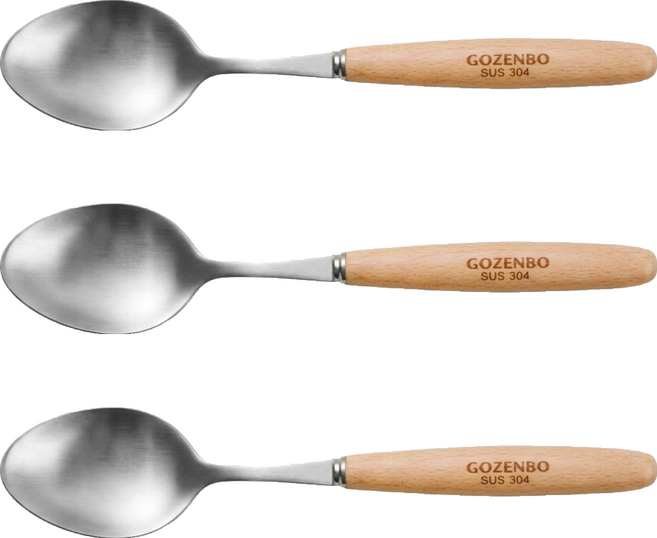 GOZENBO 御膳坊 櫸木柄 304尖湯匙, 銀色 + 木頭色, 3個