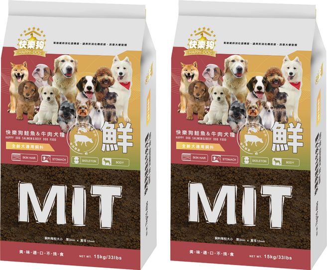 Happy Dog 快樂狗 全齡犬 鮭魚&牛肉犬糧狗飼料, 15kg, 2個, 牛肉+鮭魚