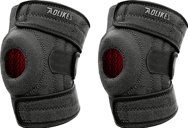 AOLIKES 奧力克斯 彈簧減震防滑加壓運動護膝 左腿, 黑色 + 紅色, 2個