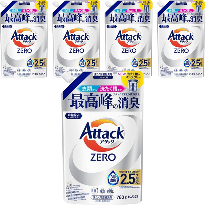 Attack ZERO 直立洗衣機專用濃縮洗衣精補充包, 760g, 5個