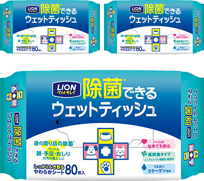 LION 獅王 Pet Clean 漂亮寵物 除菌濕紙巾, 80張, 3包