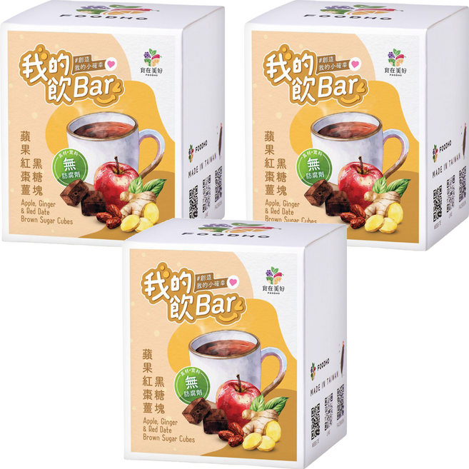 FOODHO 食在美好 我的飲Bar 蘋果紅棗薑黑糖塊, 17g, 16個裝, 3組