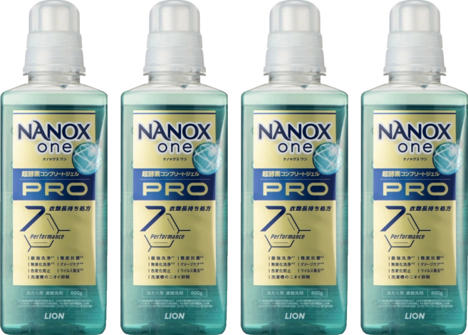 LION 獅王 NANOX one 奈米樂 PRO 加強洗淨抗菌除臭洗衣精, 600g, 4瓶