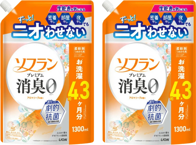 LION 獅王 Soflan 強力消臭柔軟精 橘色皂香 補充包, 2個, 1.3L