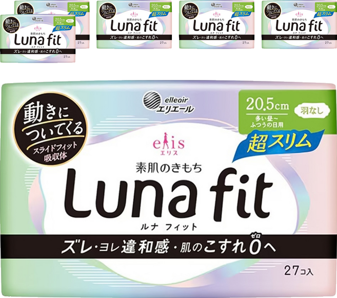 elleair 艾黎艾爾 elis 愛麗思 日本原裝進口 LunaFit 超纖薄衛生棉 一般型 無翼 20.5cm, 6個, 27片, 日用
