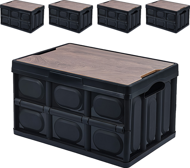 手提露營摺疊箱 木蓋折疊箱 55L, 黑色, 5個