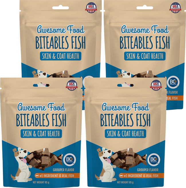 BITEABLES FISH 益口鮮 犬用益生菌皮毛保健魚丁, 85g, 4包, 石斑魚風味