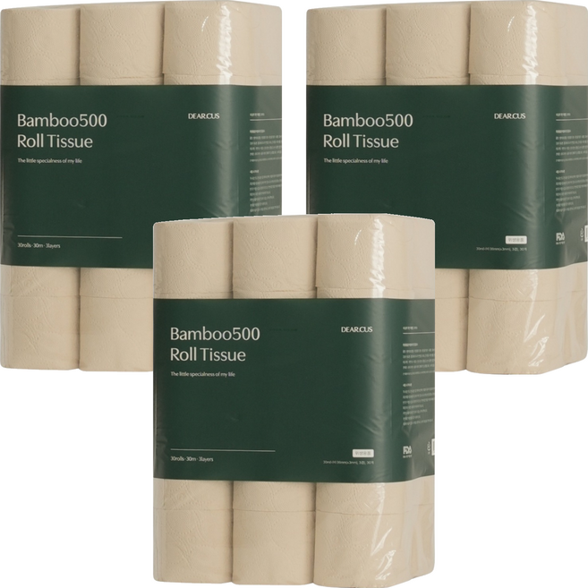 DEARCUS Bamboo500 天然紙漿3層捲筒衛生紙, 3個, 30捲, 30m