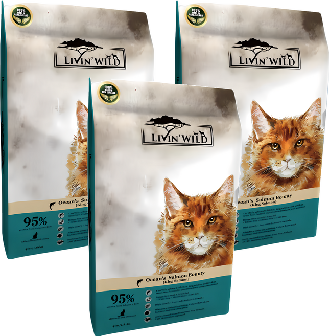 LIVIN'WILD 野宴 全齡貓 無穀配方 乾飼料 紐西蘭全新天然糧 薄片外型, 野生帝王鮭魚, 1810g, 3袋