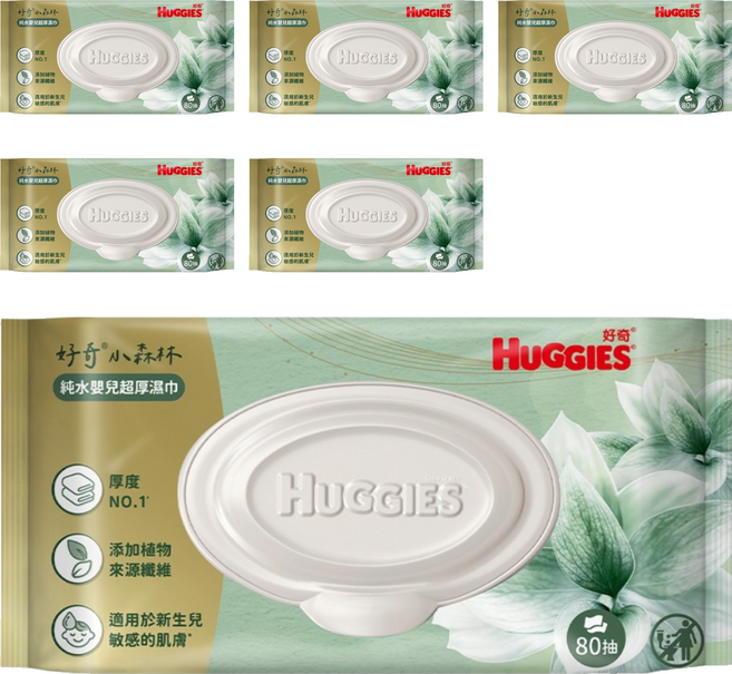 HUGGIES 好奇 Y24 小森林純水嬰兒超厚濕巾 40523, 6個, 80張, 70gsm