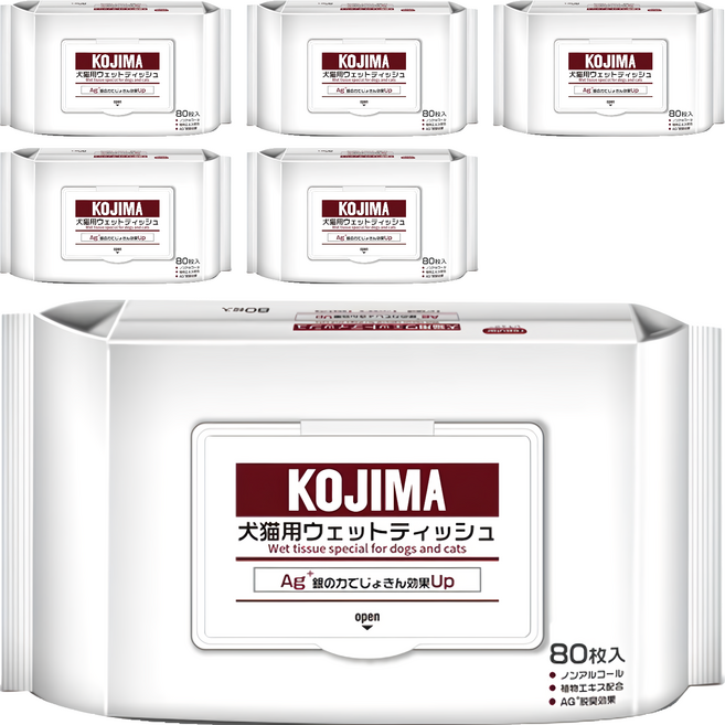 KOjIMA 寵物濕巾 犬貓用 150 x 200mm, 80個裝, 6個