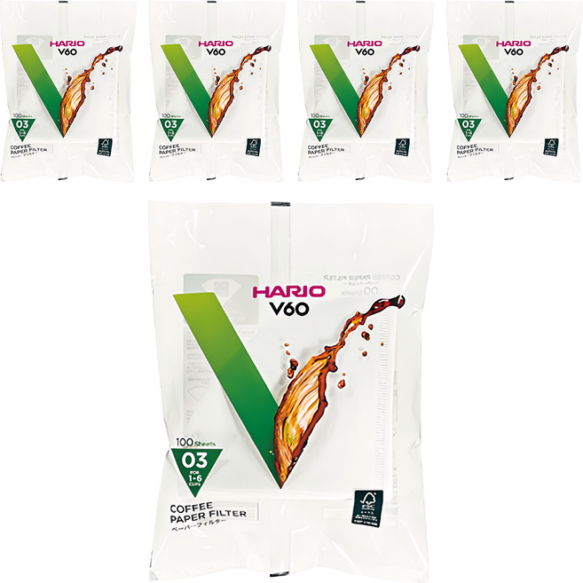 HARIO 好璃奧 V60 #03漂白濾紙 1~6杯, 100張, 5包
