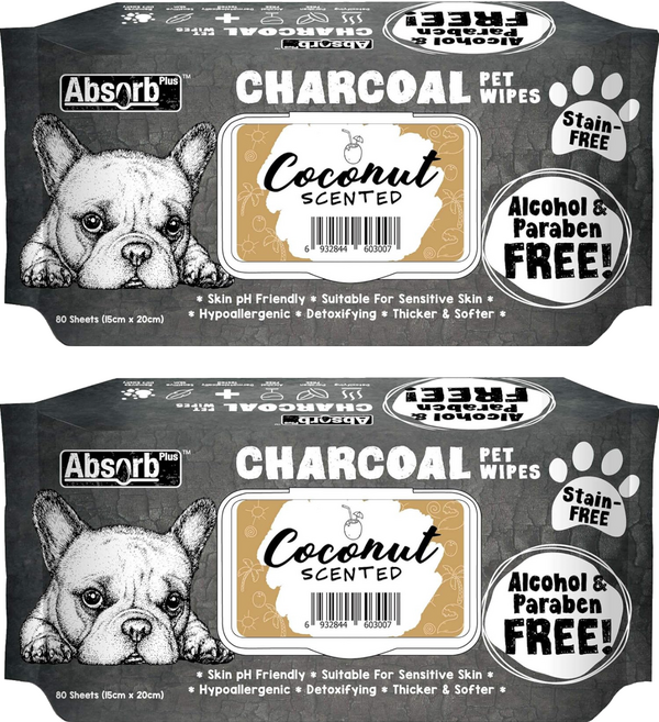 Absorb Plus 寵物活性碳濕紙巾 椰子香, 80張, 2包