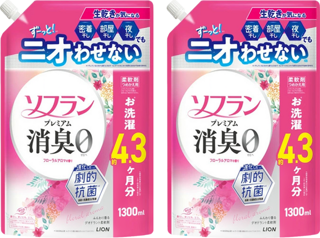 LION 獅王 Soflan 強力消臭柔軟精 粉色花香 補充包, 2個, 1.3L