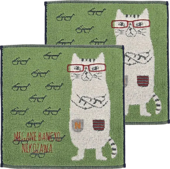 kUSUgURU JAPAN 日本眼鏡貓 NEKOZAWA貓澤系列 絨毛刺繡提花手帕 手交叉款 棉, 綠色, 2條