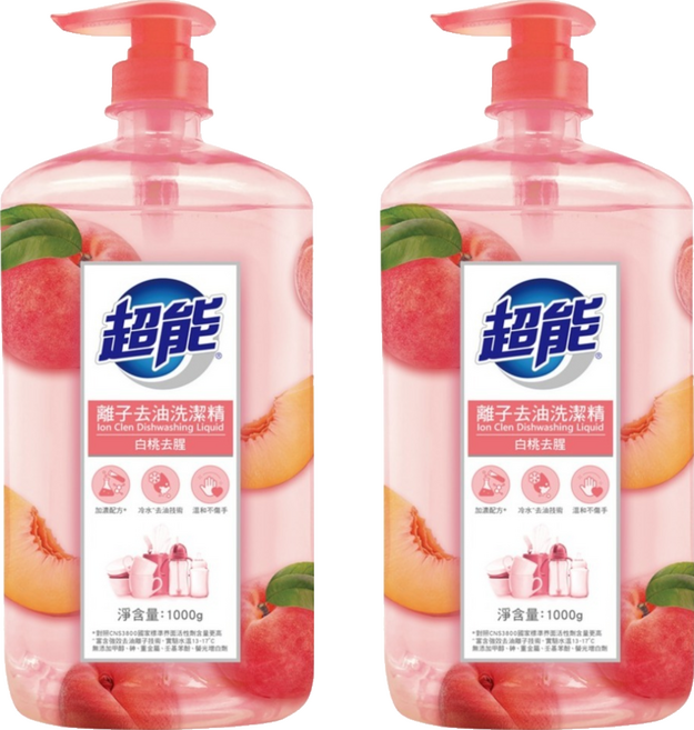 超能 離子去油洗潔精 白桃去腥, 1kg, 2瓶