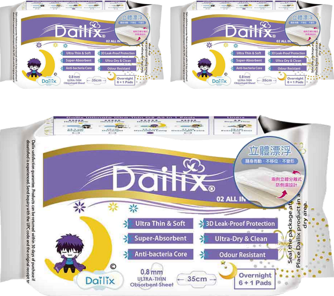 Dailix 立體漂浮吸血鬼超瞬吸抑菌淨味乾爽衛生棉 護翼型, 3個, 7片, 35cm