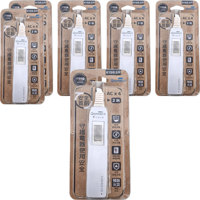 Qonnect 1開4插2P高溫斷電延長線, 2m, 白色, 6條