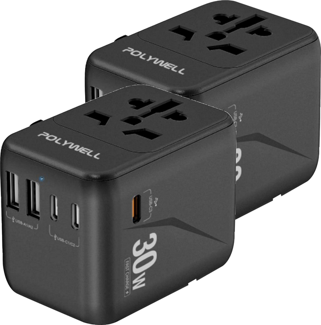 POLYWELL 寶利威爾 多國旅行充電轉接器 30W Type-C 3個 + USB-A 2個 無台灣/北美插頭 PW15-T05-A122, 72.5mm, 黑色