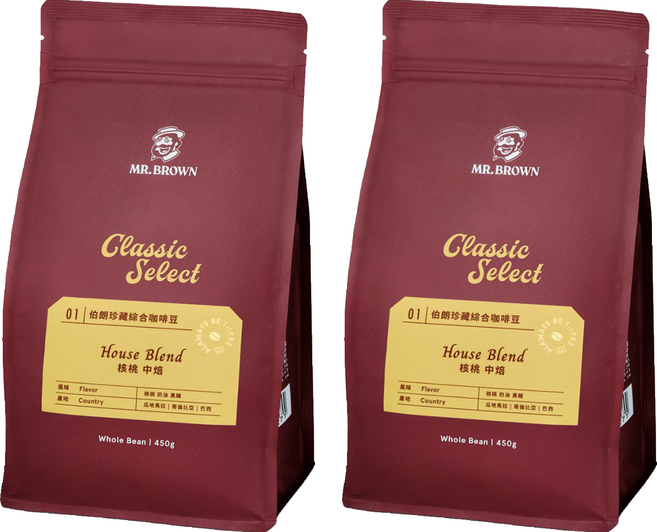 金車 MR.BROWN 伯朗咖啡 伯朗珍藏綜合咖啡豆 核桃 中焙, 450g, 2包, 全豆咖啡（未研磨）