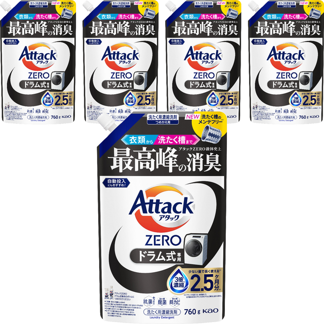 Attack ZERO 滾筒洗衣機專用濃縮洗衣精 補充包, 760g, 5個
