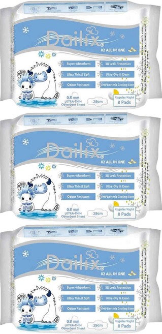 Dailix 立體漂浮超瞬吸抑菌淨味乾爽衛生棉 涼感護翼型, 3個, 8片, 29cm