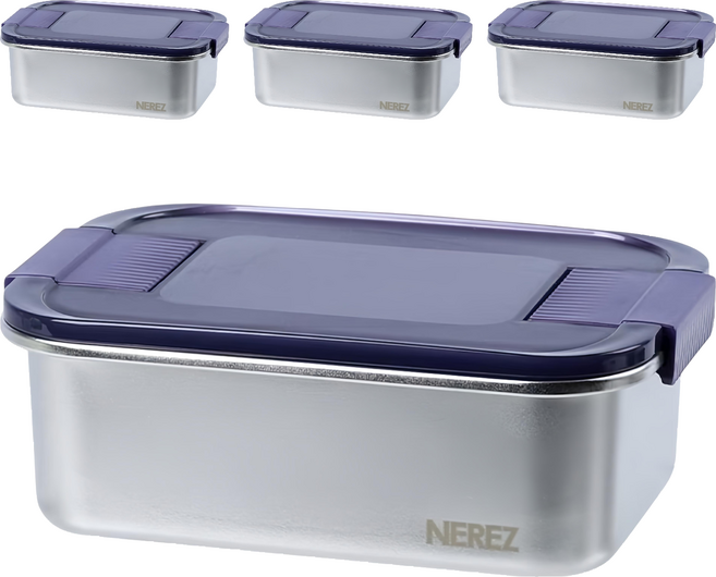 NEREZ 耐樂斯 紫創滑扣不鏽鋼保鮮盒 1.9L, 4個, 容器 + 蓋子