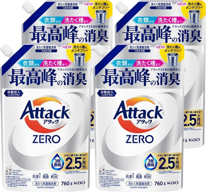 Attack ZERO 直立洗衣機專用濃縮洗衣精補充包, 760g, 4個
