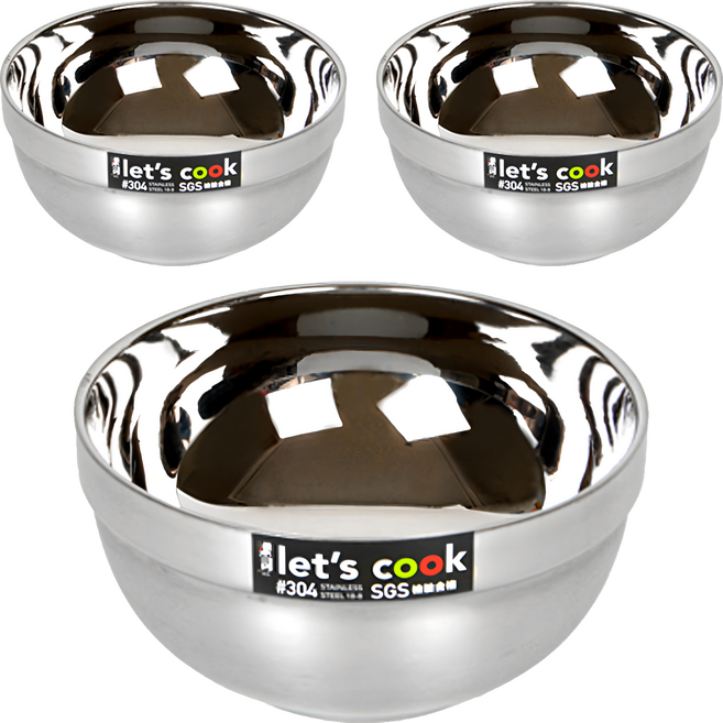 let's cook 樂司廚品 樂司不鏽鋼雙層隔熱碗 16cm, 銀色, 3個