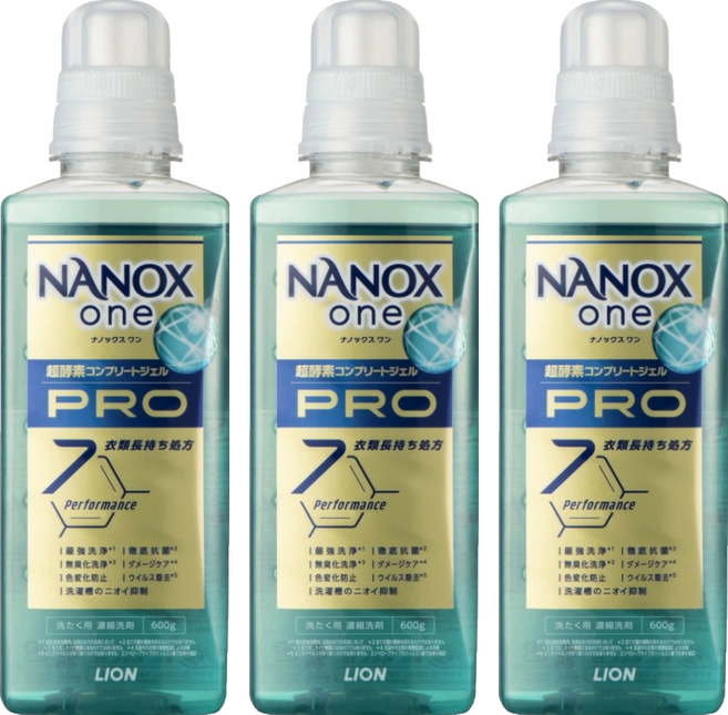 LION 獅王 NANOX one 奈米樂 PRO 加強洗淨抗菌除臭洗衣精, 600g, 3瓶