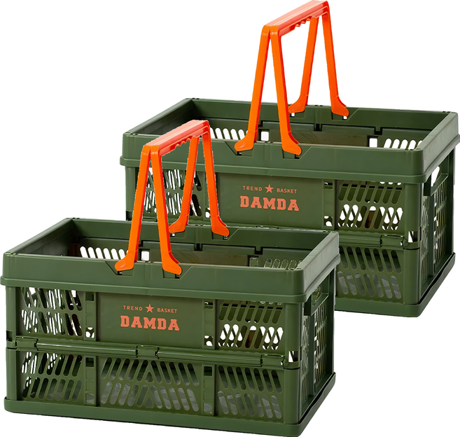 韓國 Damda 大摺疊購物籃 籃43.5 x 30.5 x 24cm + 蓋43.5 x 30.5 x 7cm, 軍綠色, 2個