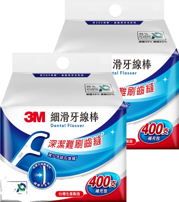 3M TM細滑牙線棒補充包 ECO包裝, 50mm, 400支, 2包