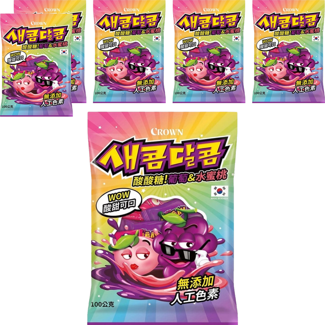 CROWN 皇冠 水果軟糖 葡萄 + 水蜜桃口味, 100g, 6個