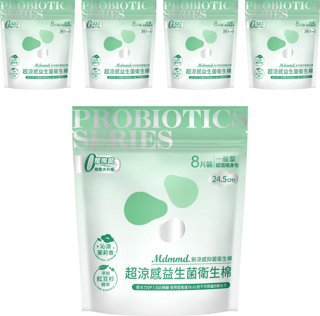 Mdmmd. 明洞國際 超涼感益生菌系列 新涼感抑菌一般型衛生棉 護翼型, 5個, 8片, 24.5cm