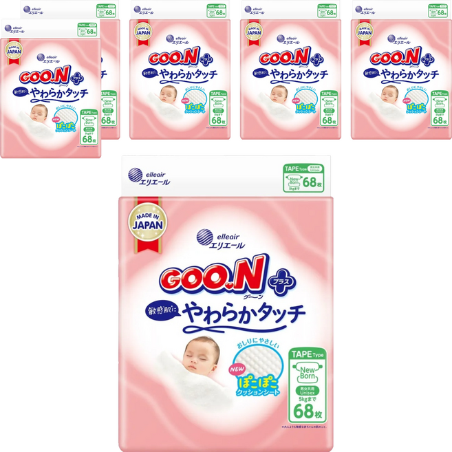 GOO.N 大王 日本境內版 SJ柔觸肌系列 黏貼型尿布 5kg以下, NB, 408片
