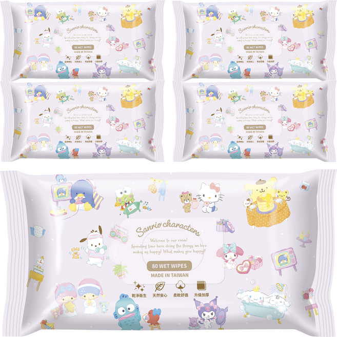Sanrio 三麗鷗 加厚純水濕紙巾 恬靜時光 80張, 5個, 1個裝