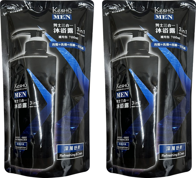 KeSHO 男士三合一深層舒爽沐浴露補充包, 2個, 700ml