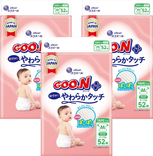 GOO.N 大王 日本境內版 SJ柔觸肌系列 黏貼型尿布 6~11kg, 156片, M