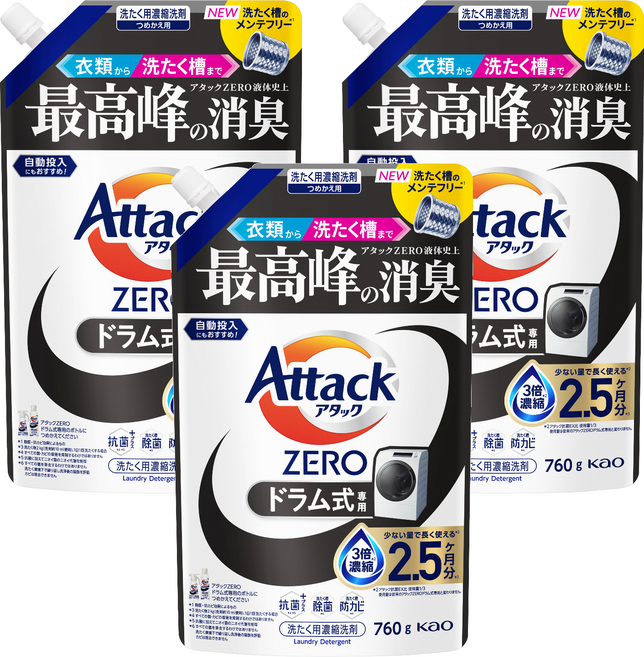 Attack ZERO 滾筒洗衣機專用濃縮洗衣精 補充包, 760g, 3個