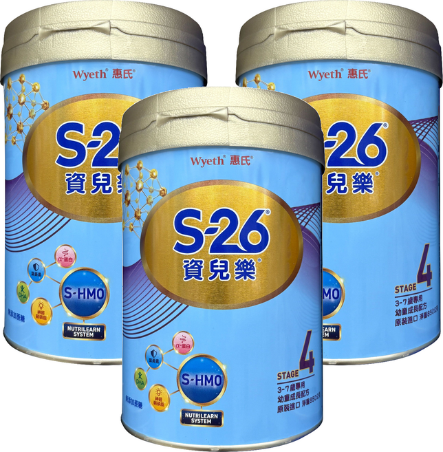 Wyeth 惠氏 S-26 資兒樂幼童成長配方奶粉 再升級版 4號 3~7歲, 850g, 3罐