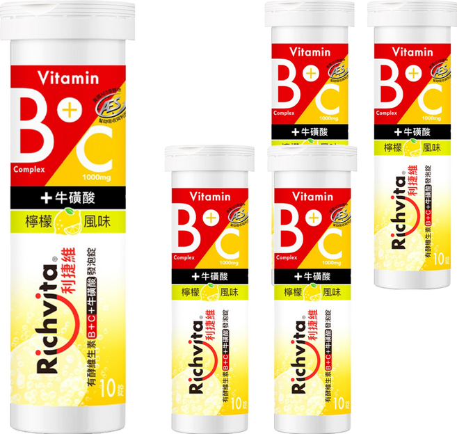 Richvita 利捷維 有酵維生素B群 + C + 牛磺酸發泡錠, 5個, 10顆