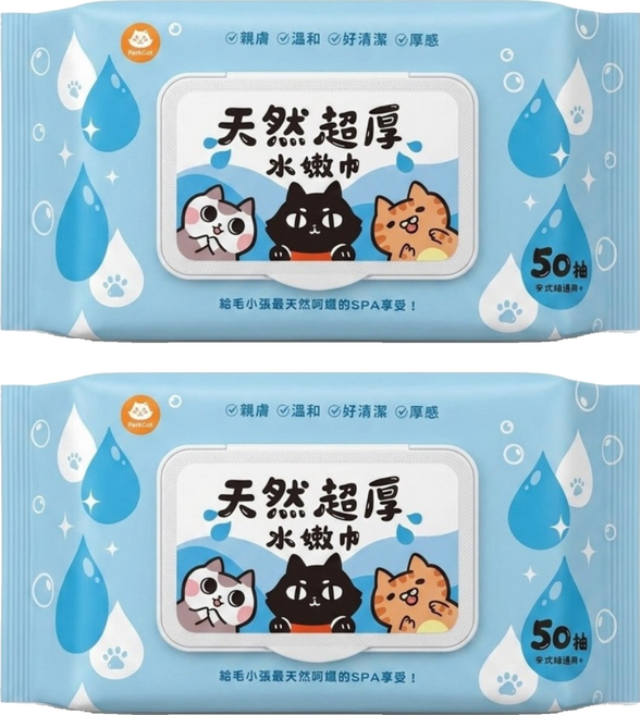 ParkCat 貓樂園 超厚水嫩巾 天然抑菌寵物濕紙巾, 2包, 50張