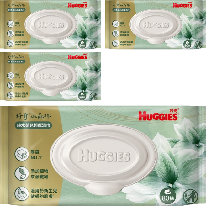 HUGGIES 好奇 Y24 小森林純水嬰兒超厚濕巾 40523, 4個, 80張, 70gsm