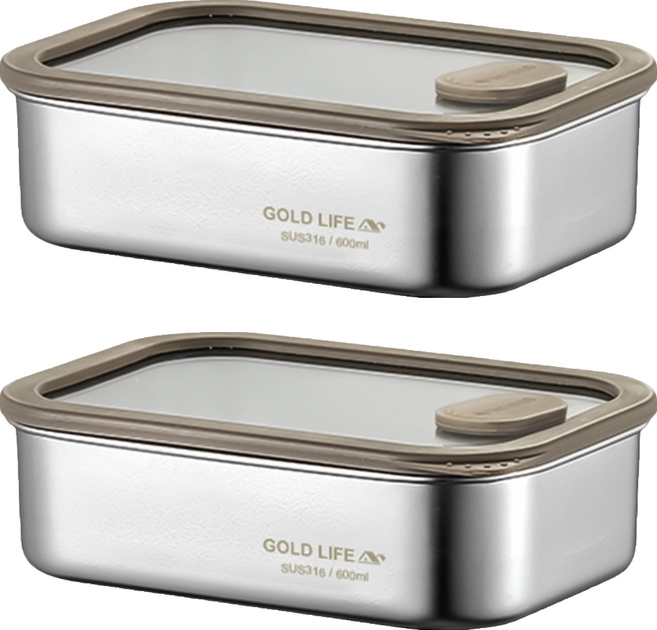 GOLD LIFE 鎖味留鮮 可微波不鏽鋼保鮮盒 600ml, 2個, 容器 1個 + 蓋子 1個